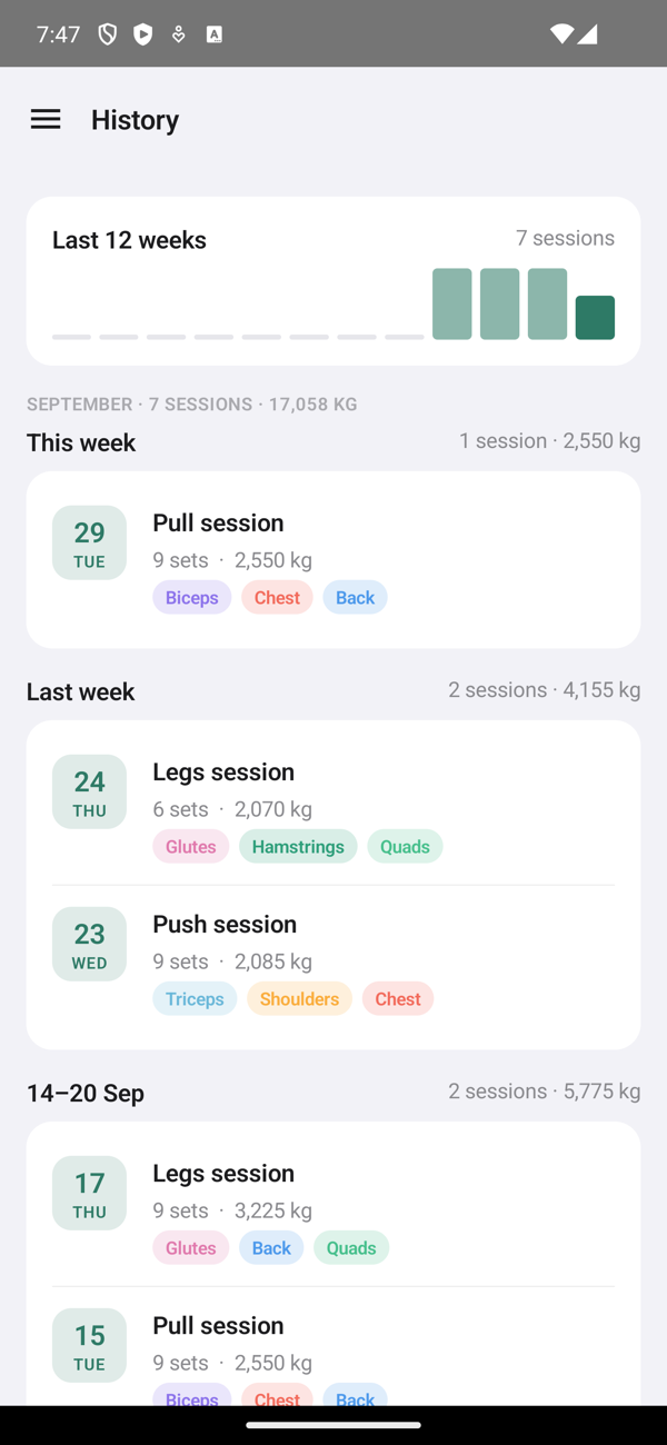 Training history on Android — twelve weeks of sessions and volume