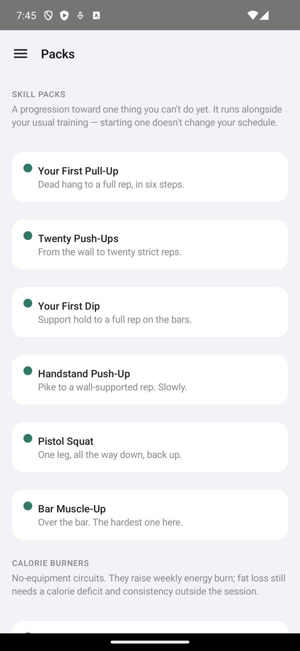 Progression packs on Android, from a first pull-up to a bar muscle-up