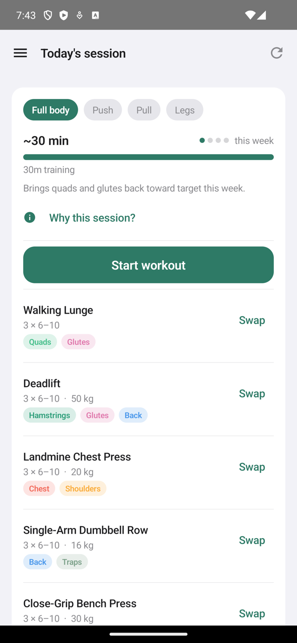 Today's session on Android — the workout decided, timed, and ready to start